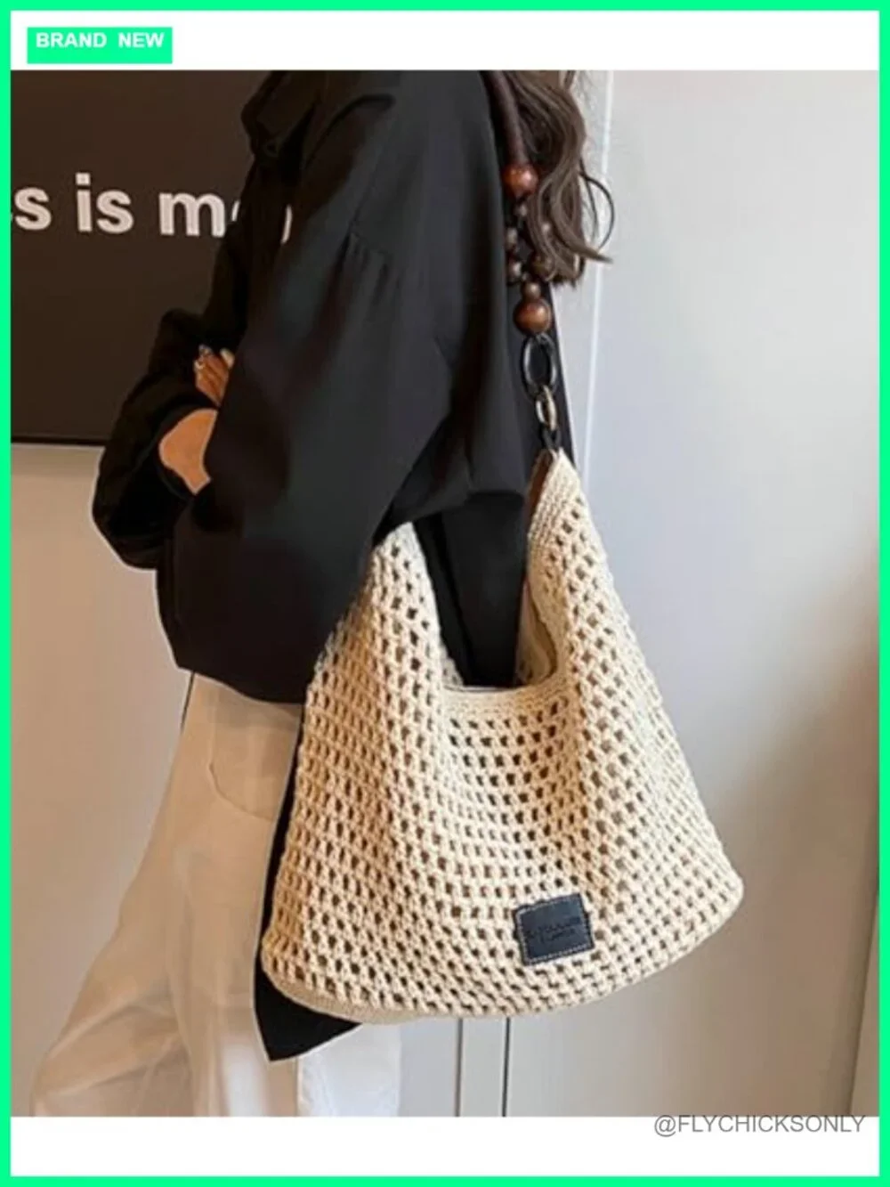 Crochet Cotton Beach Bag Woven Hobo Handbag Handmade Bead Shoulder Bag Purse